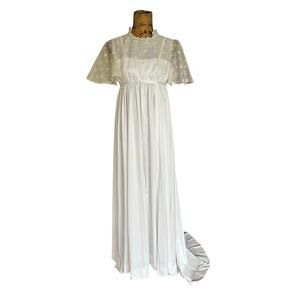 Vtg 70s Boho Ivory Empire Waist Hi Low Train Short Sleeve Wedding Bridal Dress S